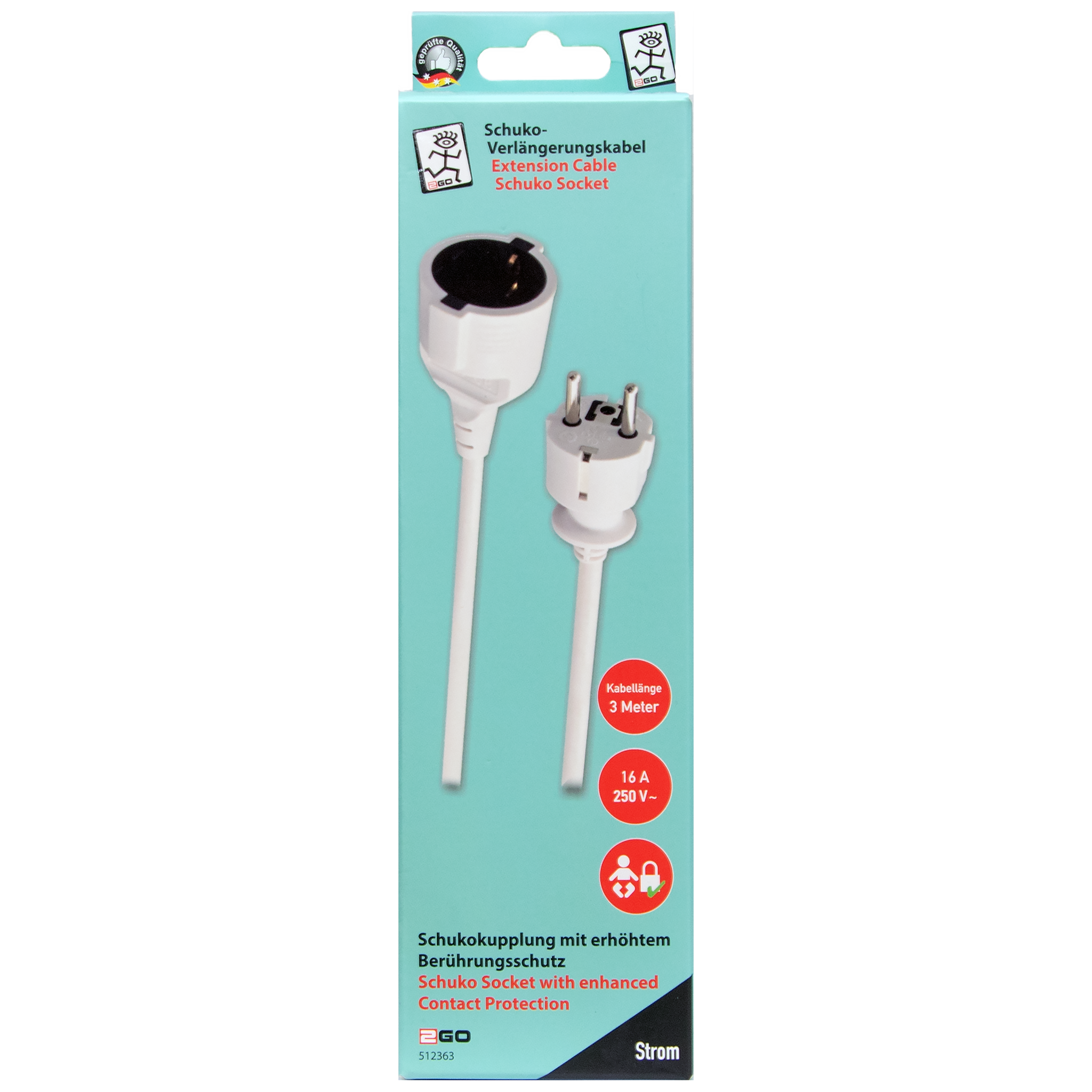 Schuko-Verlängerung - 16 A - 3680 W - 300 cm - weiß - Verpackung