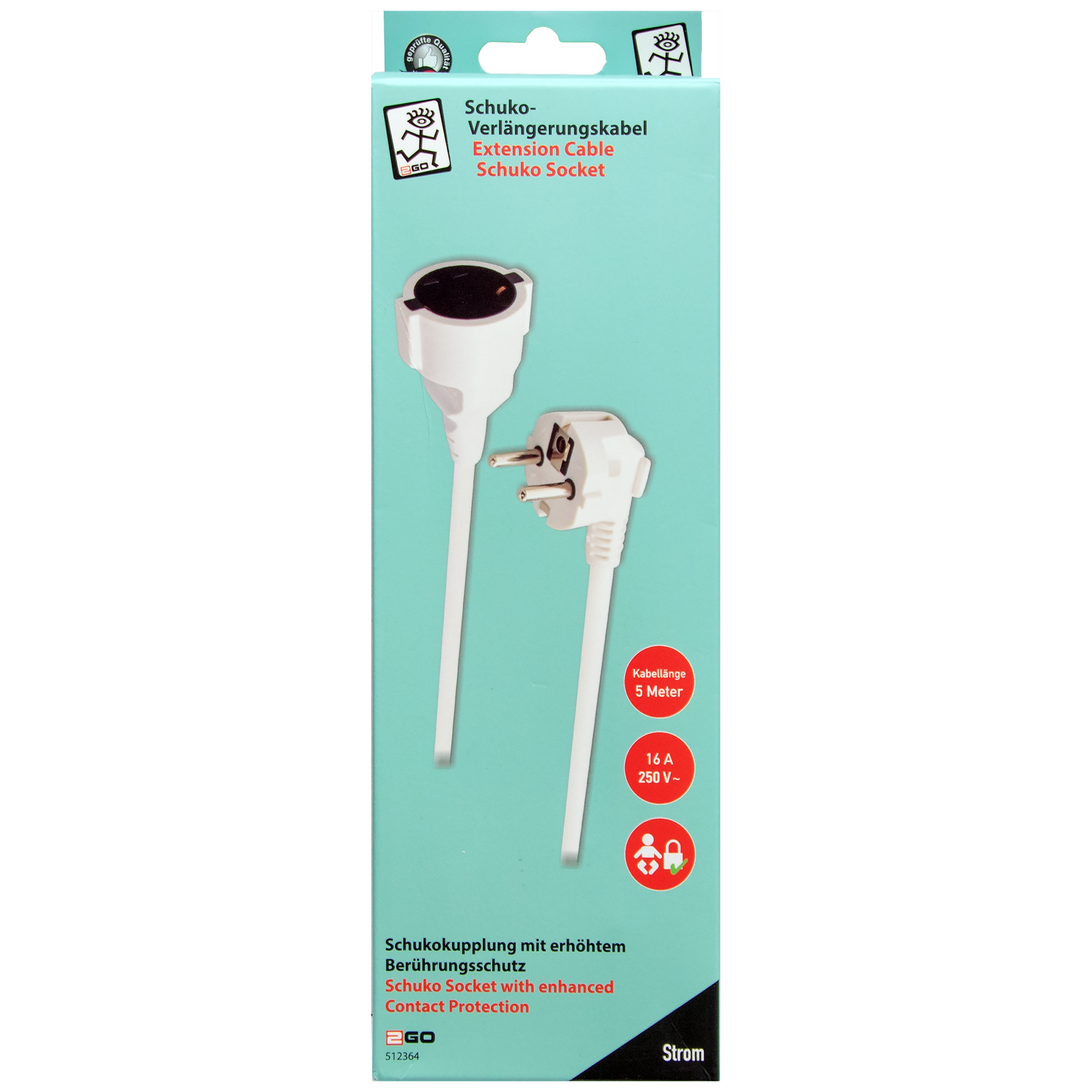 Schuko-Verlängerung mit Winkelstecker – 16A - 3680W - 500cm - weiß - Verpackung