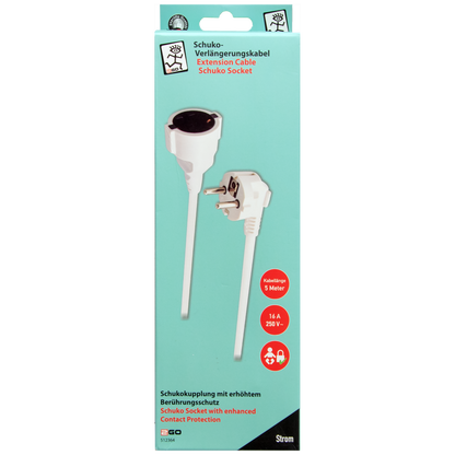 Schuko-Verlängerung mit Winkelstecker – 16A - 3680W - 500cm - weiß - Verpackung