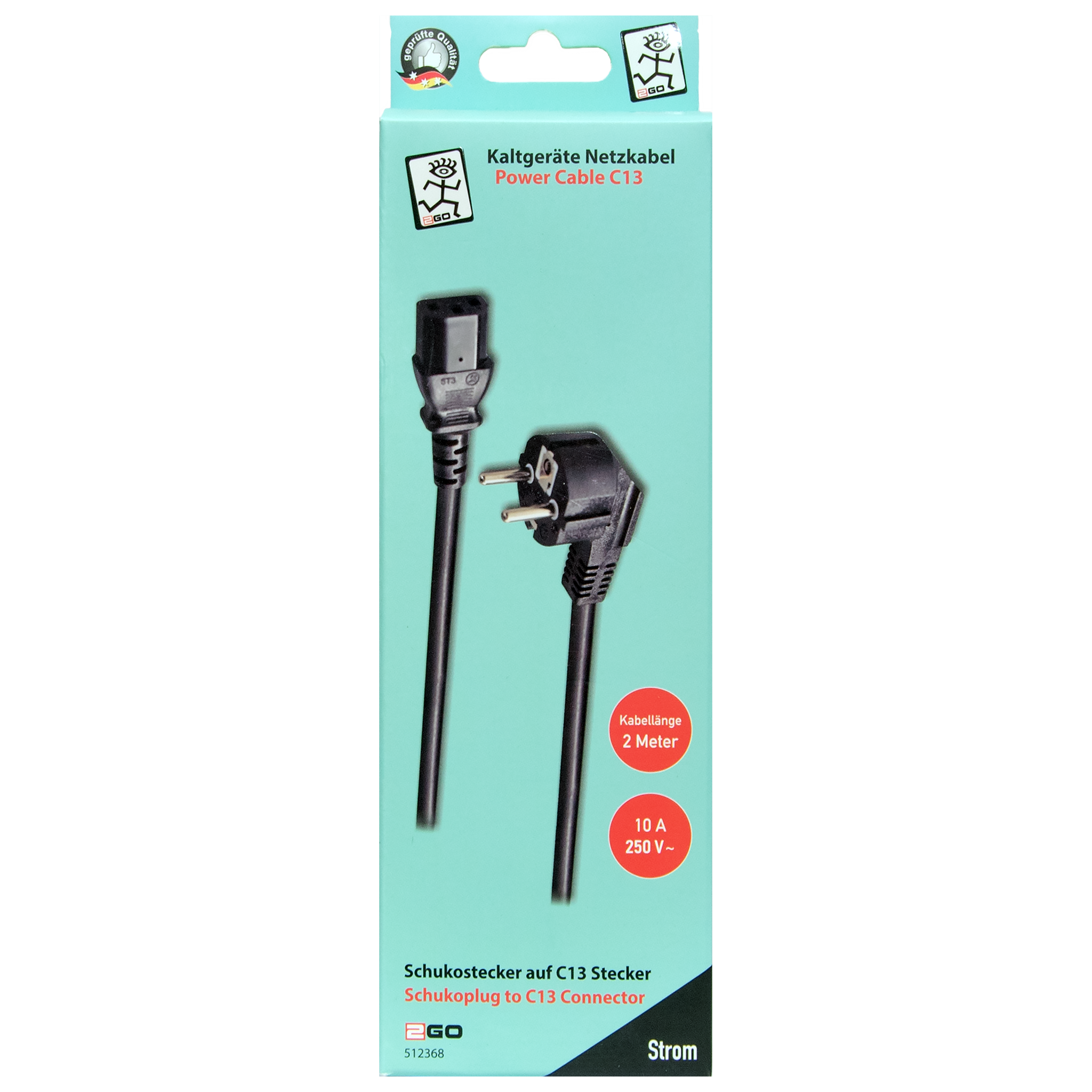 Kaltgeräte-Netzkabel - C13-Stecker auf Schuko-Stecker - 10A - 2500W - 200cm - schwarz - Verpackung