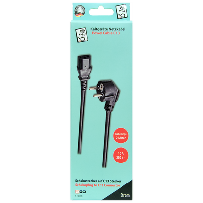 Kaltgeräte-Netzkabel - C13-Stecker auf Schuko-Stecker - 10A - 2500W - 200cm - schwarz - Verpackung