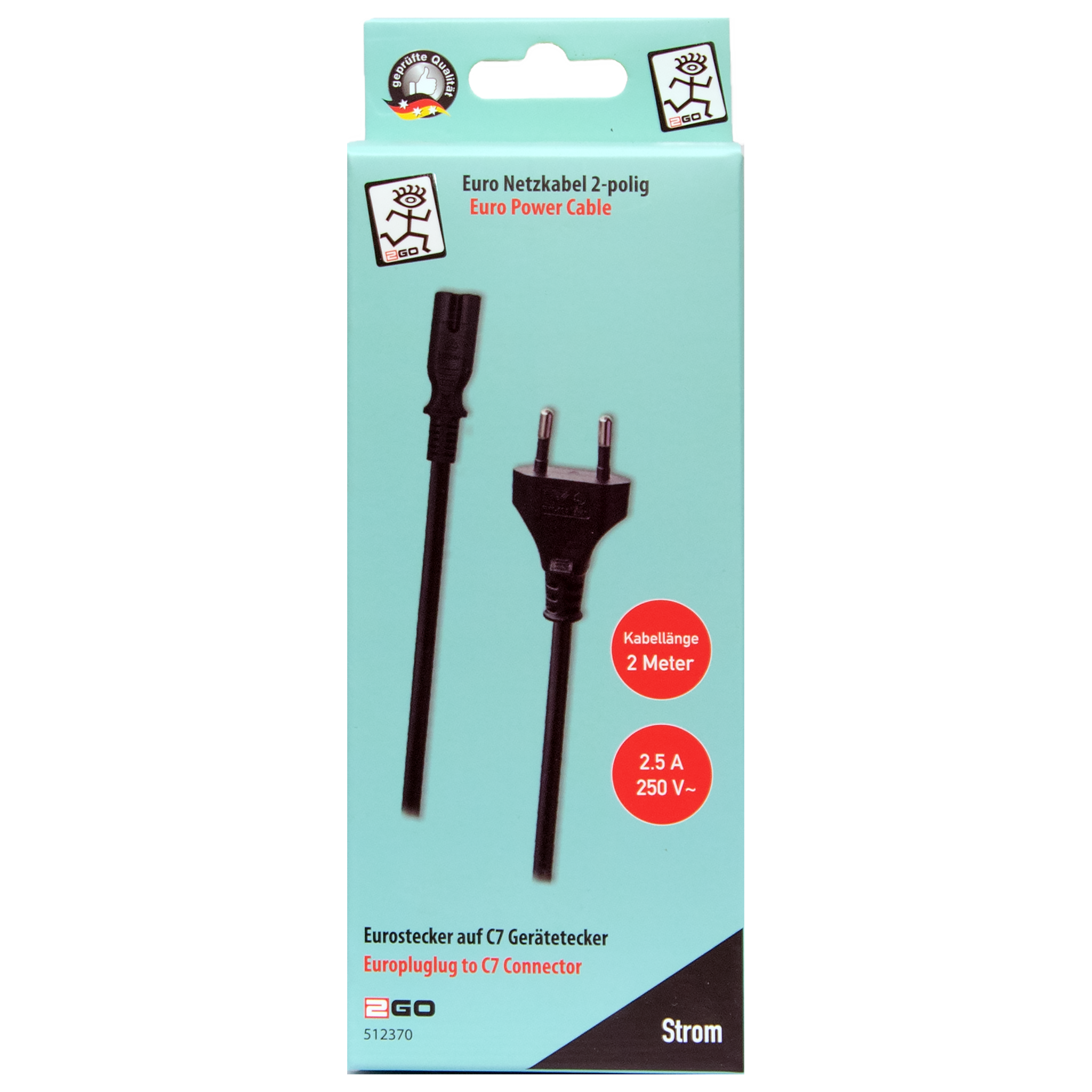 Euro-Netzkabel 2-polig – C7 auf Euro-Stecker - 10A - 2400W - 200cm - schwarz - Verpackung