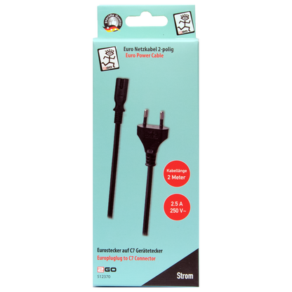 Euro-Netzkabel 2-polig – C7 auf Euro-Stecker - 10A - 2400W - 200cm - schwarz - Verpackung
