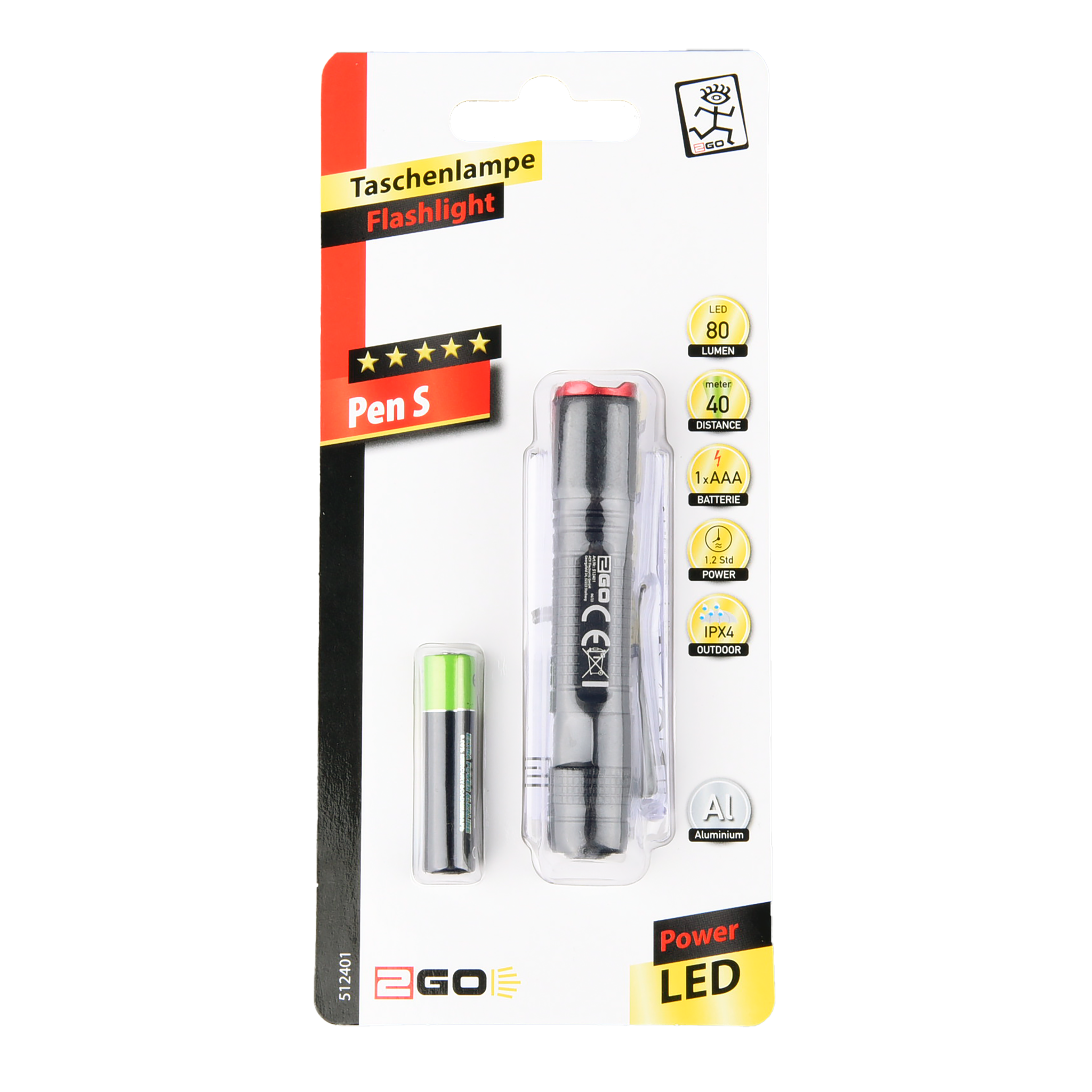 Taschenlampe "Pen S" - Aluminium - 80 Lumen - IPX4 - schwarz - Verpackung
