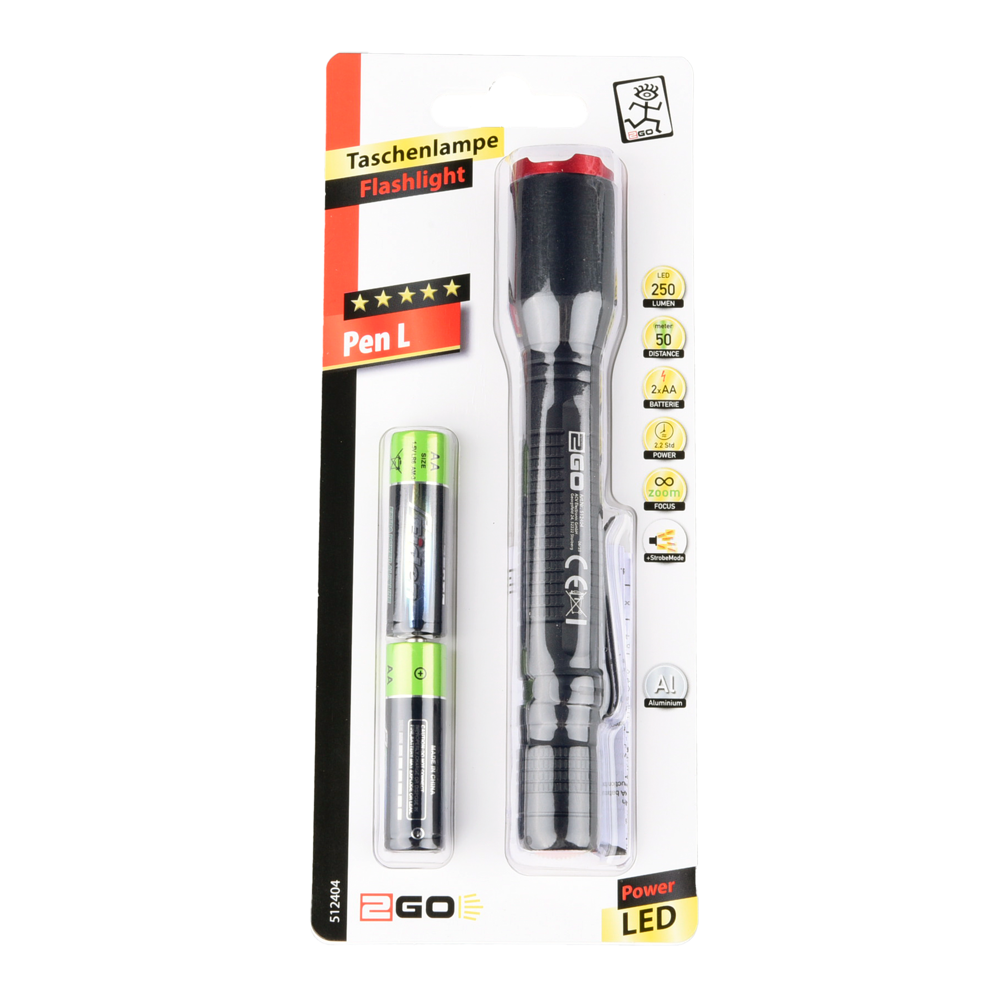 Taschenlampe "Pen L" - 250 Lumen - zoombar - 3 Modi - schwarz - Verpackung