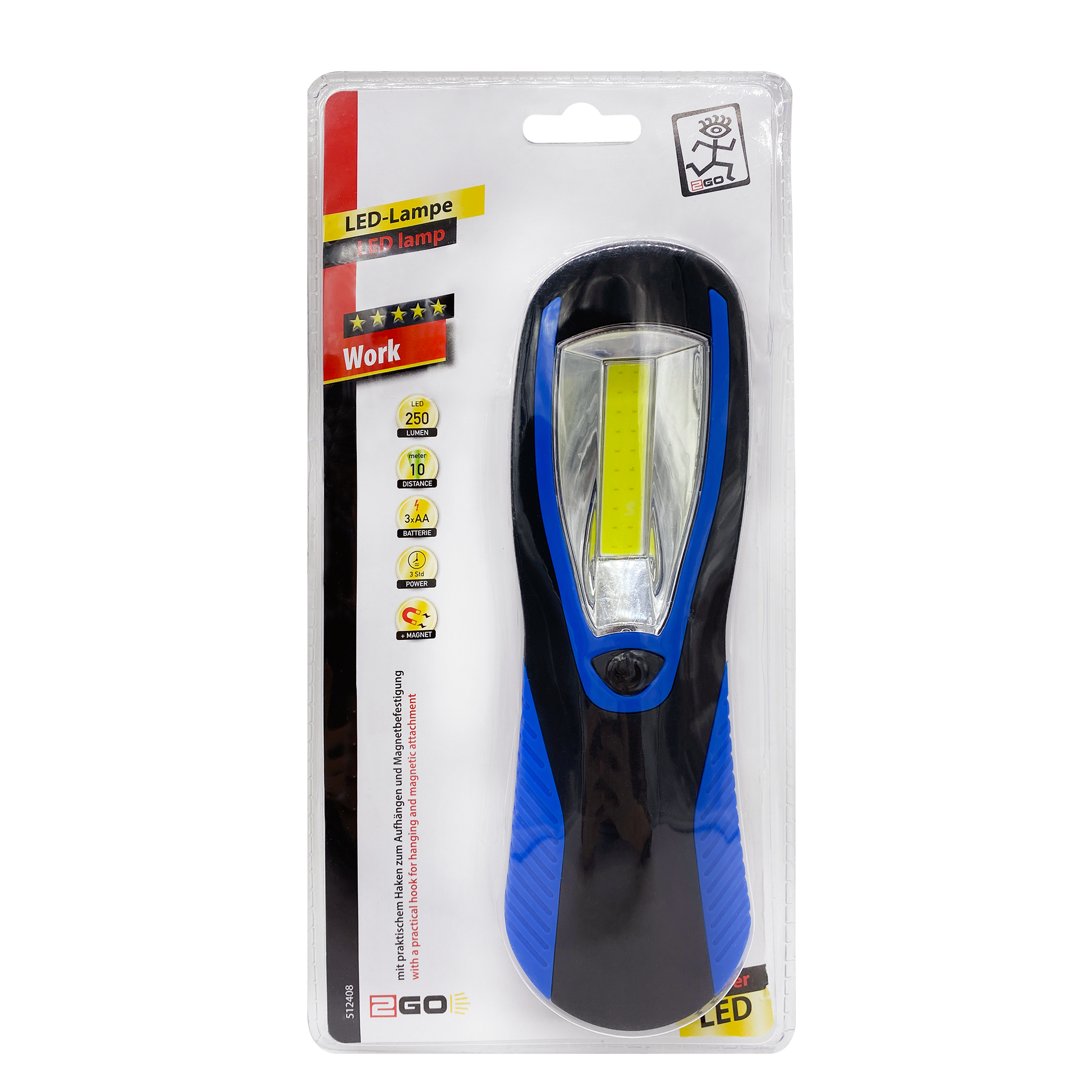 LED Lampe "Work" - 250 Lumen - Magnet auf Rückseite - Haken - schwarz/blau - Verpackung