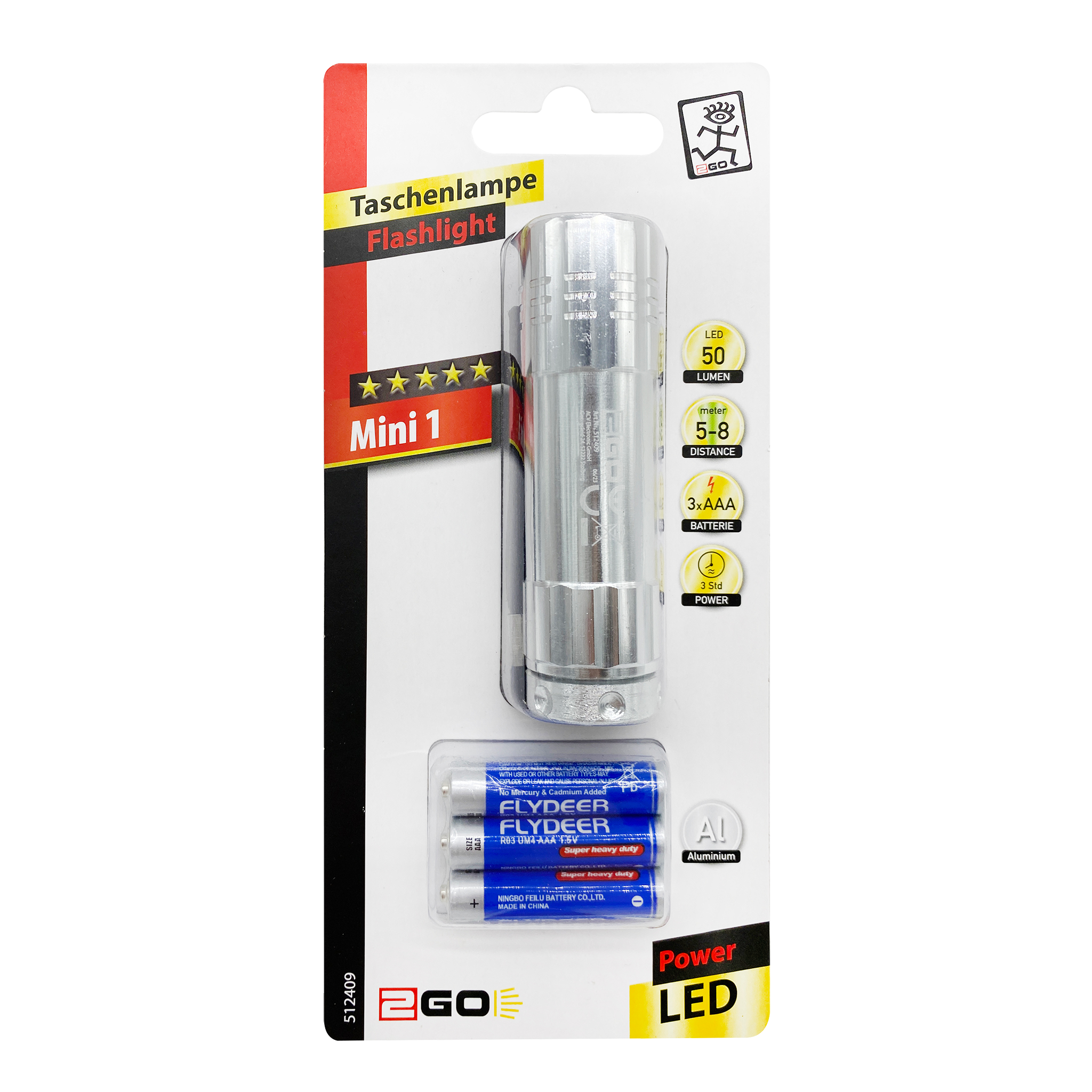 Taschenlampe "Mini 1" - 9 LEDs - 50 Lumen - Aluminium - silber - Verpackung