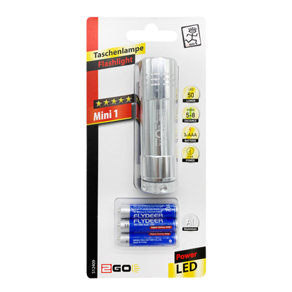 Taschenlampe "Mini 1" - 9 LEDs - 50 Lumen - Aluminium - silber - Verpackung
