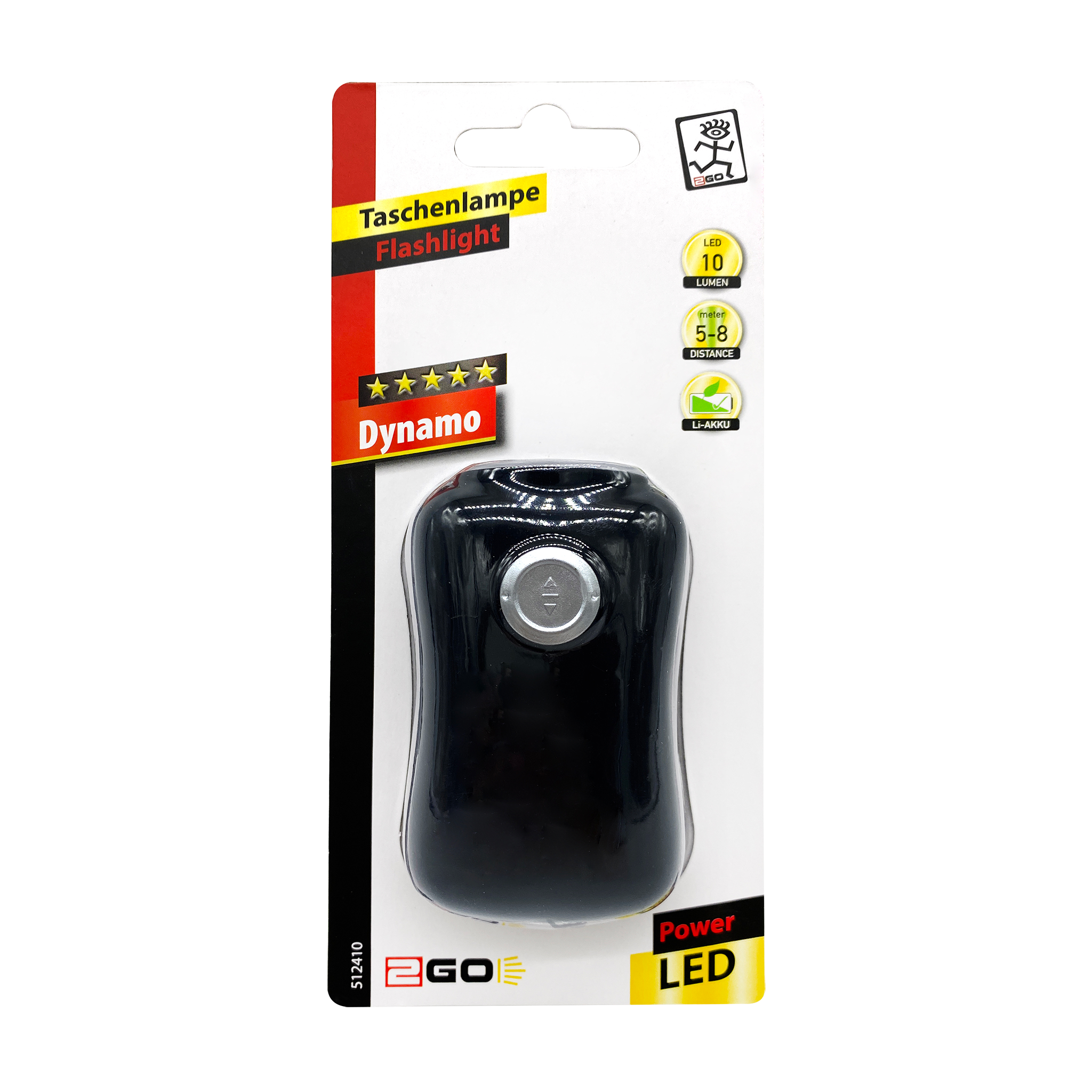 Taschenlampe "Dynamo" - 3 LEDs - 10 Lumen - Li-Ion Akku - Handkurbel - schwarz - Verpackung