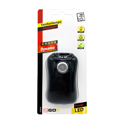 Taschenlampe "Dynamo" - 3 LEDs - 10 Lumen - Li-Ion Akku - Handkurbel - schwarz - Verpackung