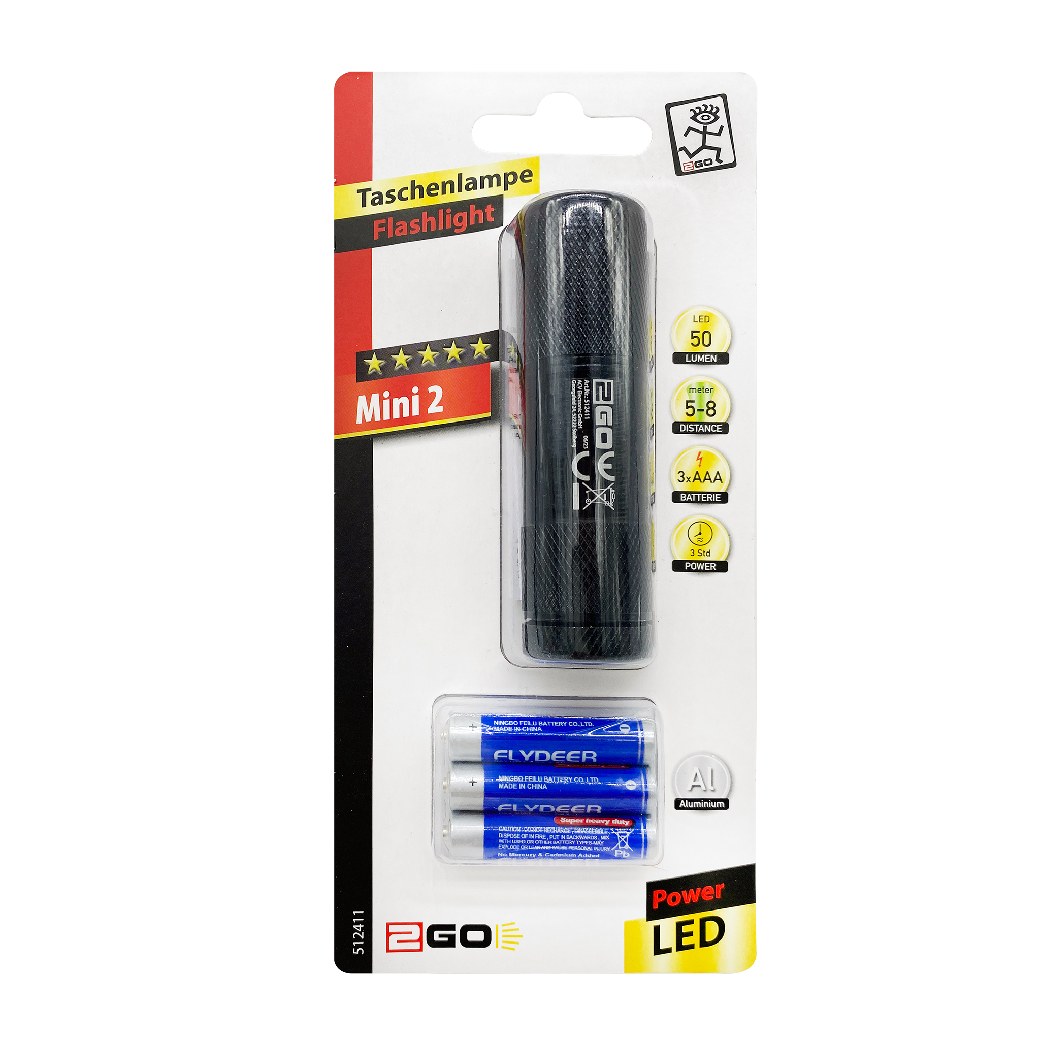 Taschenlampe "Mini 2" - 9 LEDs - 50 Lumen - Aluminium - schwarz - Verpackung
