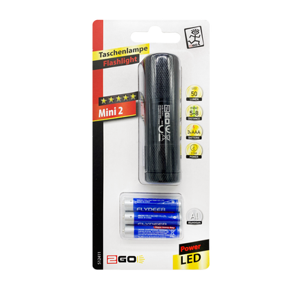 Taschenlampe "Mini 2" - 9 LEDs - 50 Lumen - Aluminium - schwarz - Verpackung