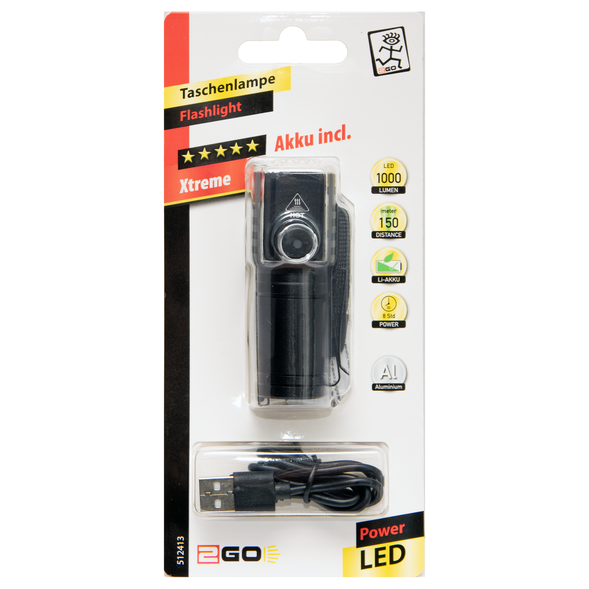 LED Leuchte "Xtreme" - 3 LEDs - 1000 Lumen - 900 mAh Akku - Gürtelclip - schwarz - Verpackung
