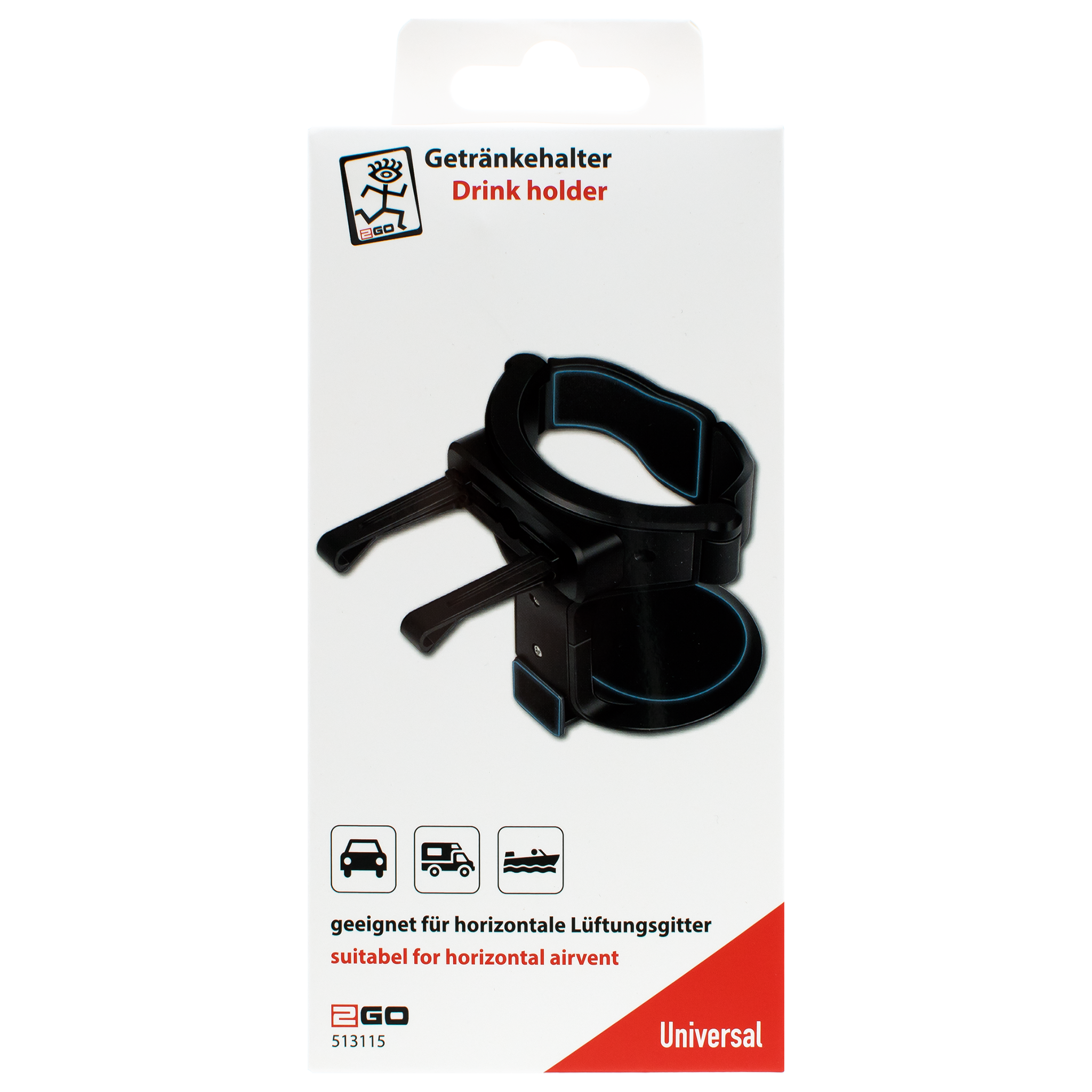 Getränke-Halter - für die Lüftung - 5,5 cm bis 8,0 cm Durchmesser - Anti-Rutsch-Pads - schwarz - Verpackung