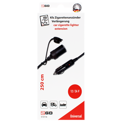 Zigarettenanzünder-Verlängerung - Stecker auf Kupplung - 250 cm - schwarz - Verpackung