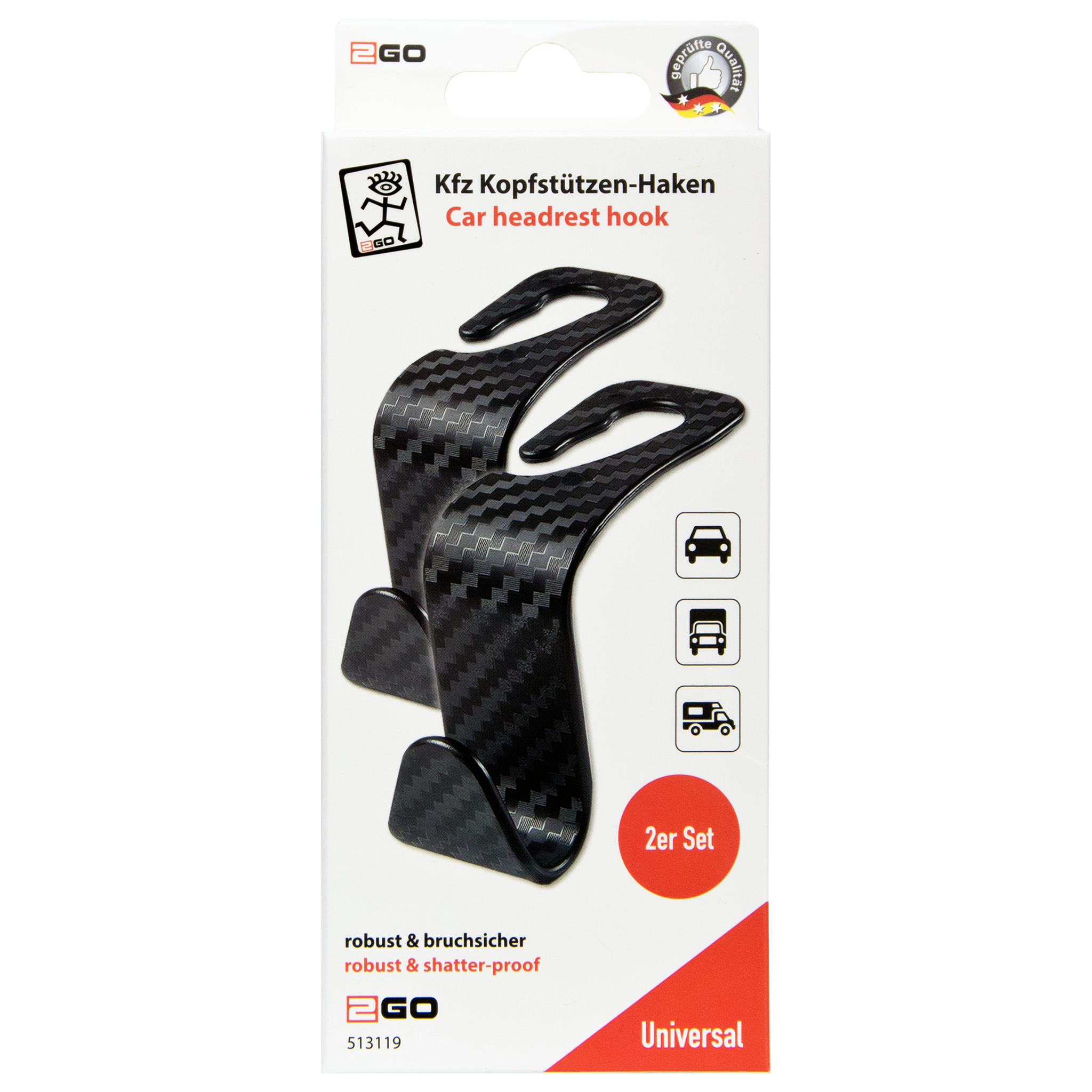 Universal Haken für die Kfz-Kopfstütze - Carbon-Optik - 2er Set - schwarz - Verpackung