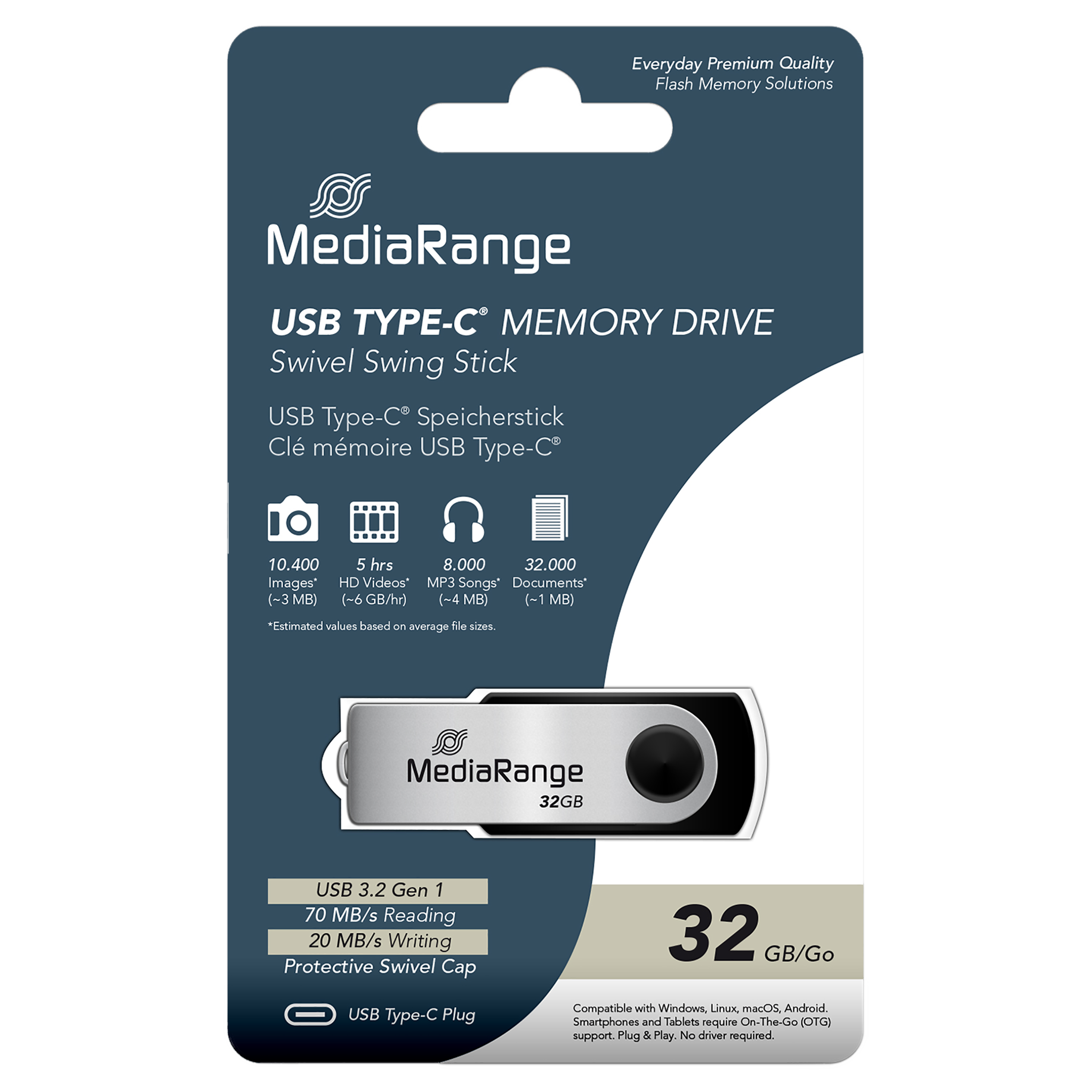 MediaRange USB Type-C 3.2 Gen 1 Flash-Speicherstick, Drehgehäuse, Silber/Schwarz, 32 GB - Verpackung