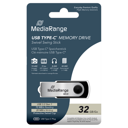 MediaRange USB Type-C 3.2 Gen 1 Flash-Speicherstick, Drehgehäuse, Silber/Schwarz, 32 GB - Verpackung