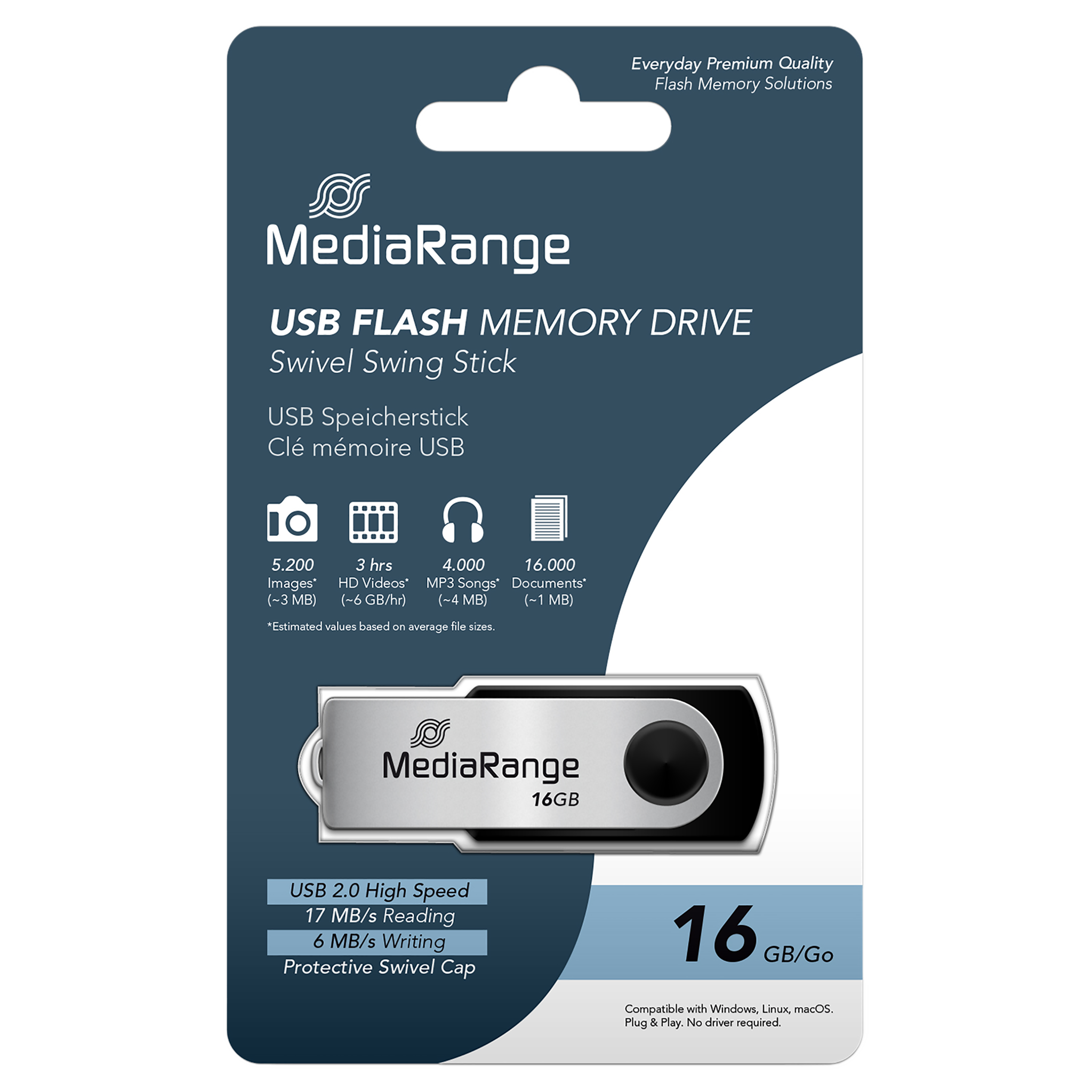 MediaRange USB 2.0 Flash-Speicherstick, Drehgehäuse, Silber/Schwarz, 16 GB - Verpackung