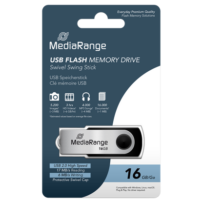 MediaRange USB 2.0 Flash-Speicherstick, Drehgehäuse, Silber/Schwarz, 16 GB - Verpackung