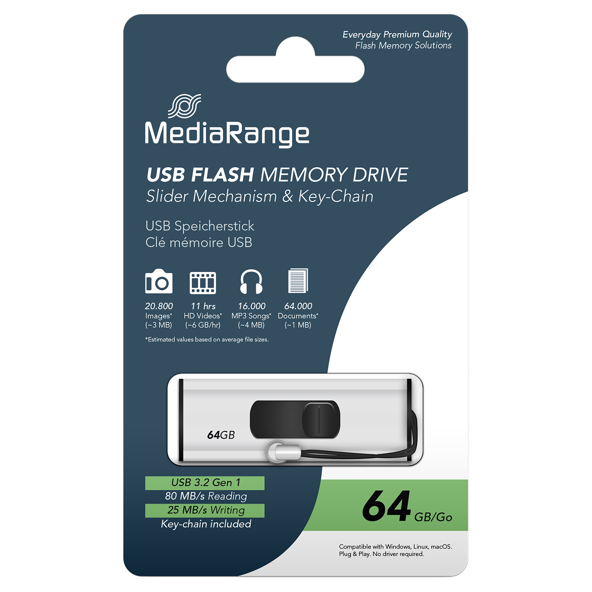 MediaRange USB 3.2 Gen 1 Flash-Speicherstick mit Schiebemechanismus und Schlüsselanhänger, Silber/Schwarz, 64 GB - Verpackung