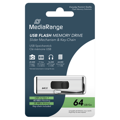 MediaRange USB 3.2 Gen 1 Flash-Speicherstick mit Schiebemechanismus und Schlüsselanhänger, Silber/Schwarz, 64 GB - Verpackung