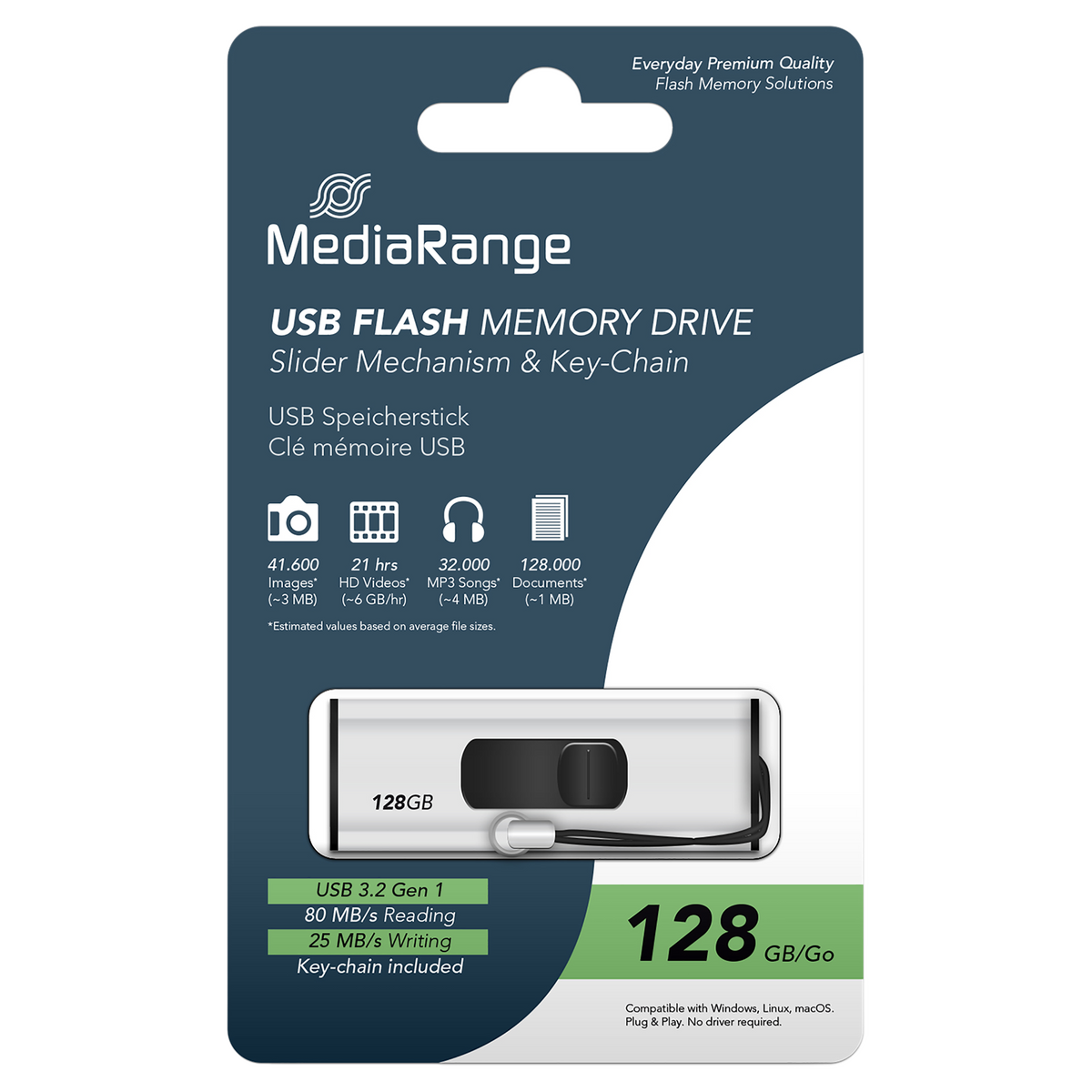MediaRange USB 3.2 Gen 1 Flash-Speicherstick mit Schiebemechanismus und Schlüsselanhänger, Silber/Schwarz, 128 GB - Verpackung