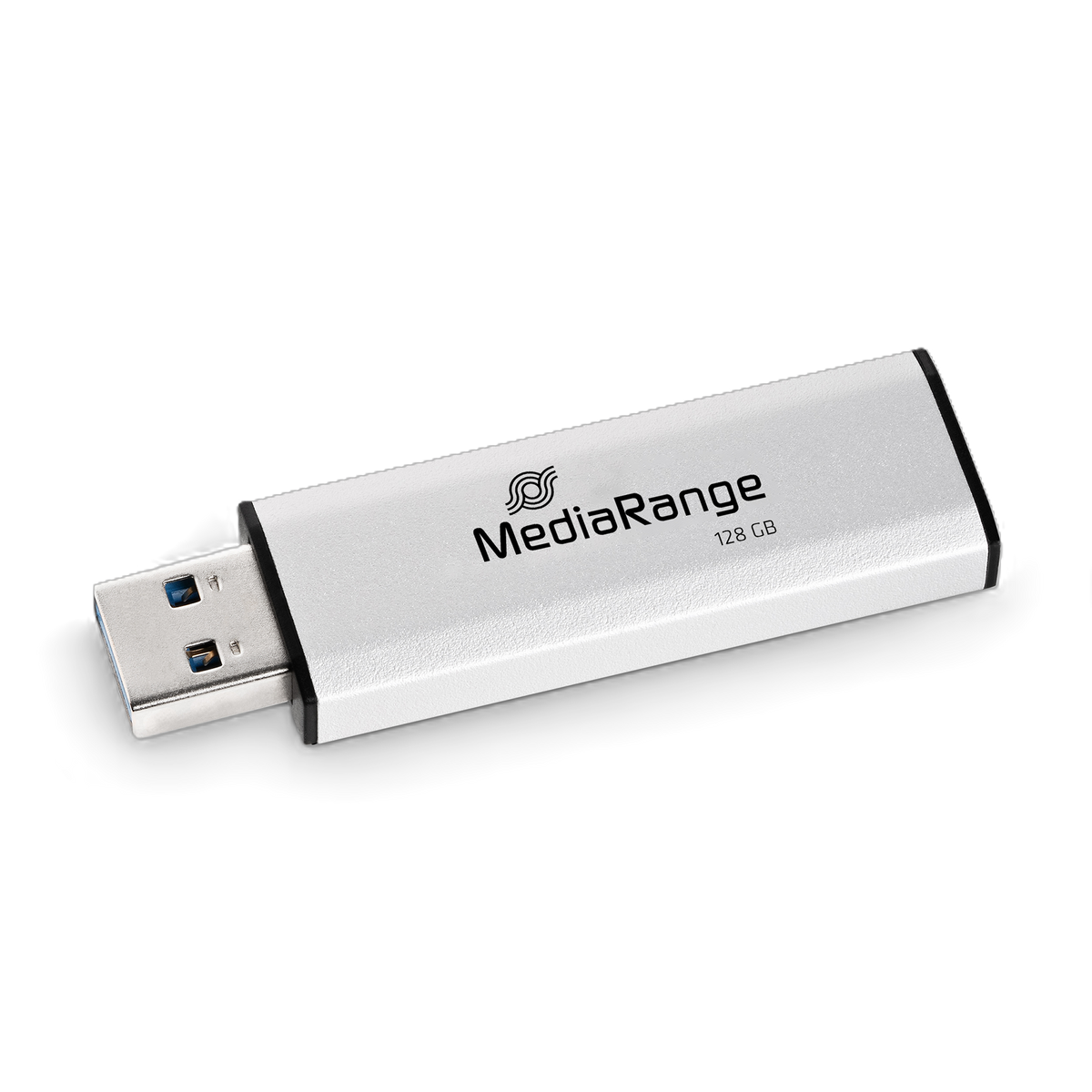 MediaRange USB 3.2 Gen 1 Flash-Speicherstick mit Schiebemechanismus und Schlüsselanhänger, Silber/Schwarz, 128 GB