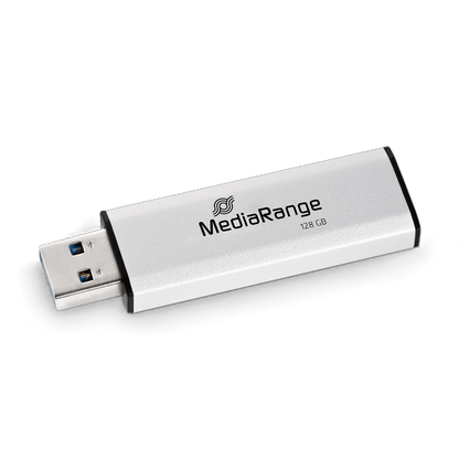 MediaRange USB 3.2 Gen 1 Flash-Speicherstick mit Schiebemechanismus und Schlüsselanhänger, Silber/Schwarz, 128 GB