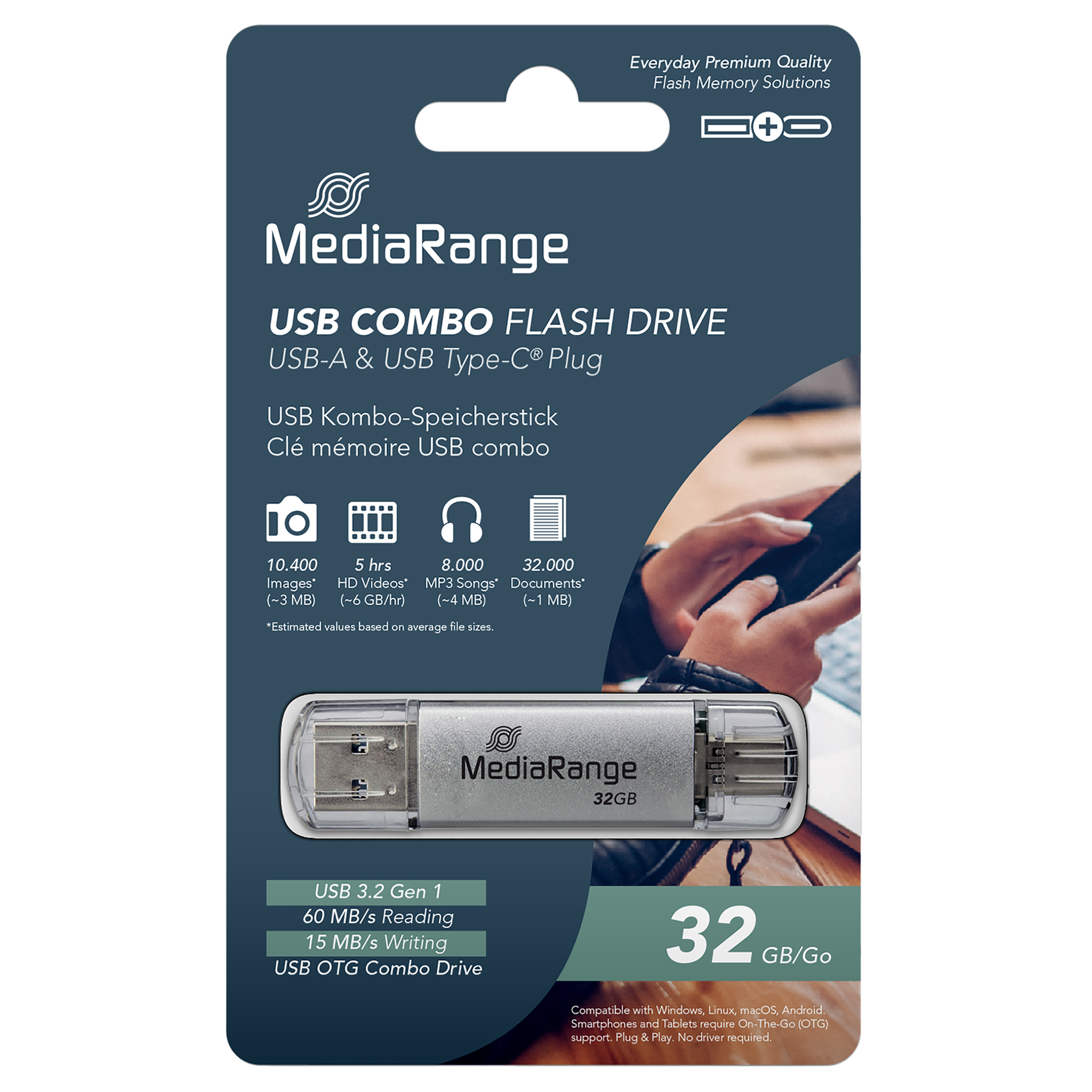 MediaRange USB 3.2 Gen 1 Combo Flash-Speicherstick mit USB-A und USB-C, mit Schutzkappen, Silber