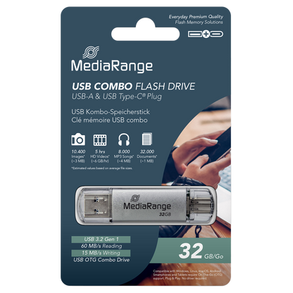 MediaRange USB 3.2 Gen 1 Combo Flash-Speicherstick mit USB-A und USB-C, mit Schutzkappen, Silber