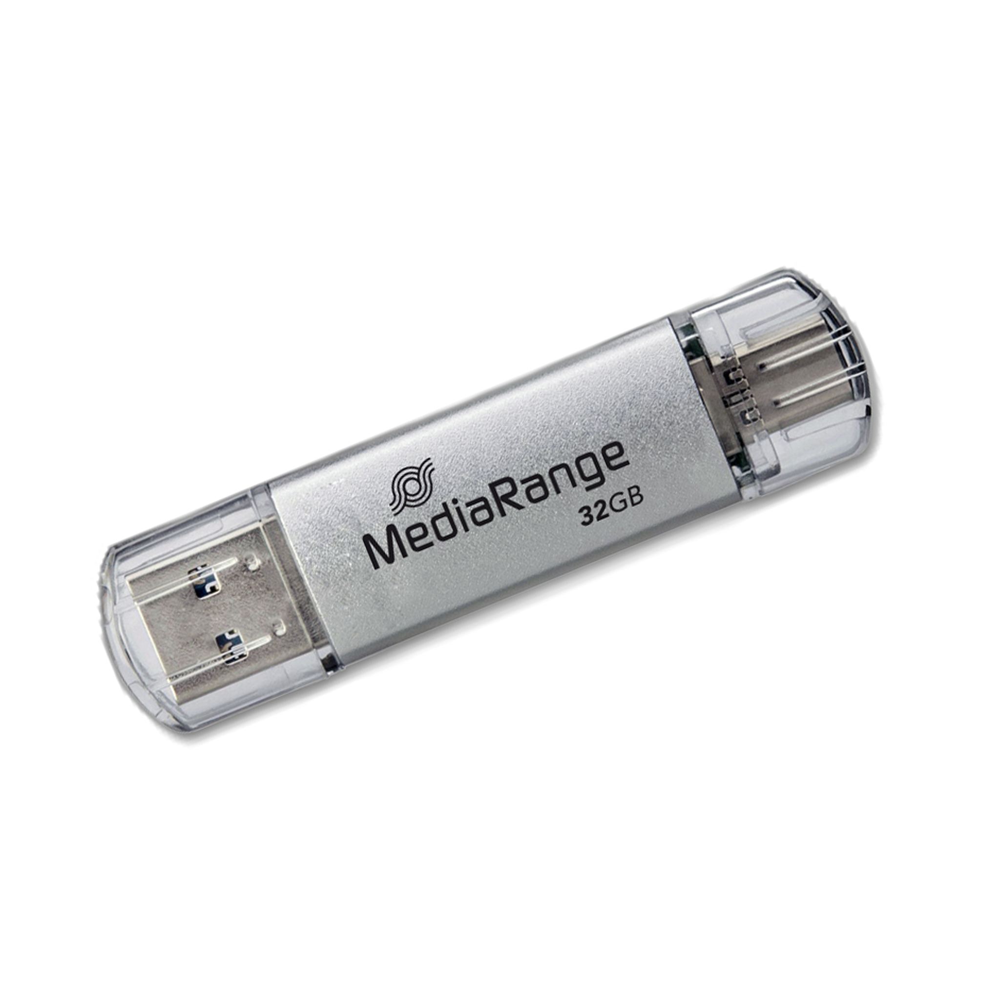MediaRange USB 3.2 Gen 1 Combo Flash-Speicherstick mit USB-A und USB-C, mit Schutzkappen, Silber
