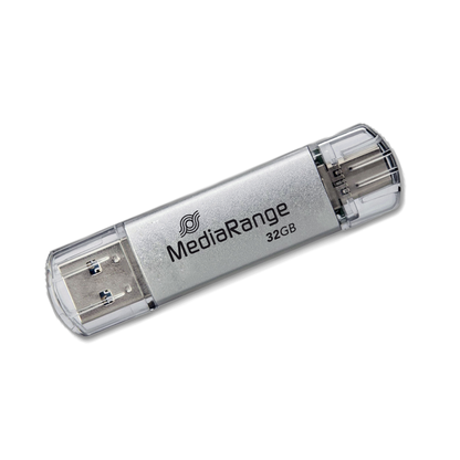 MediaRange USB 3.2 Gen 1 Combo Flash-Speicherstick mit USB-A und USB-C, mit Schutzkappen, Silber