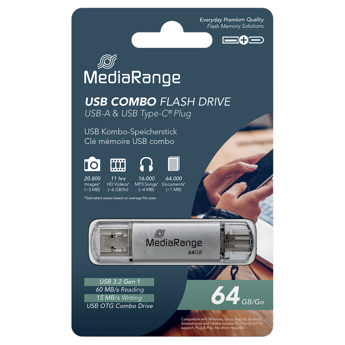MediaRange USB 3.2 Gen 1 Combo Flash-Speicherstick mit USB-A und USB-C, mit Schutzkappen, Silber