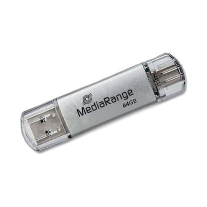 MediaRange USB 3.2 Gen 1 Combo Flash-Speicherstick mit USB-A und USB-C, mit Schutzkappen, Silber