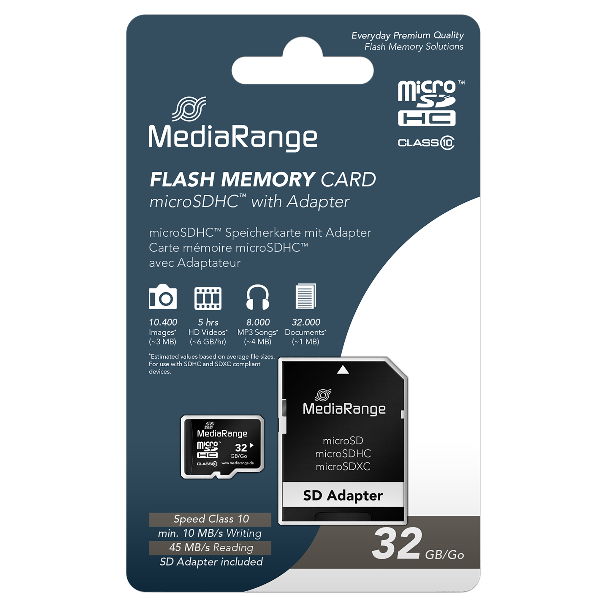 MediaRange MicroSDHC Speicherkarte mit SD-Adapter - Class 10 - 32 GB - Verpackung