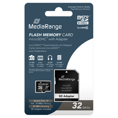 MediaRange MicroSDHC Speicherkarte mit SD-Adapter - Class 10 - 32 GB - Verpackung