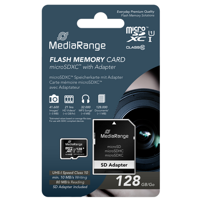 MediaRange microSDXC Speicherkarte mit SD-Adapter - UHS-I / Class 10 - 128 GB - Verpackung