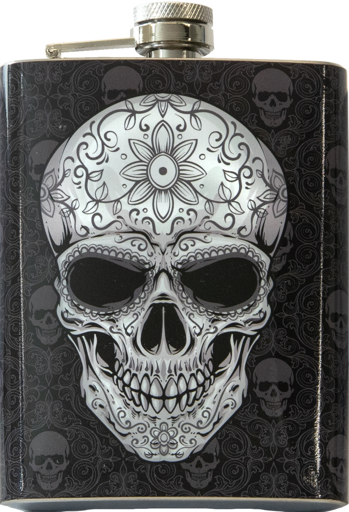 Metall-Flachmann mit Schraubverschluss – HardRock, Motiv „Totenkopf“