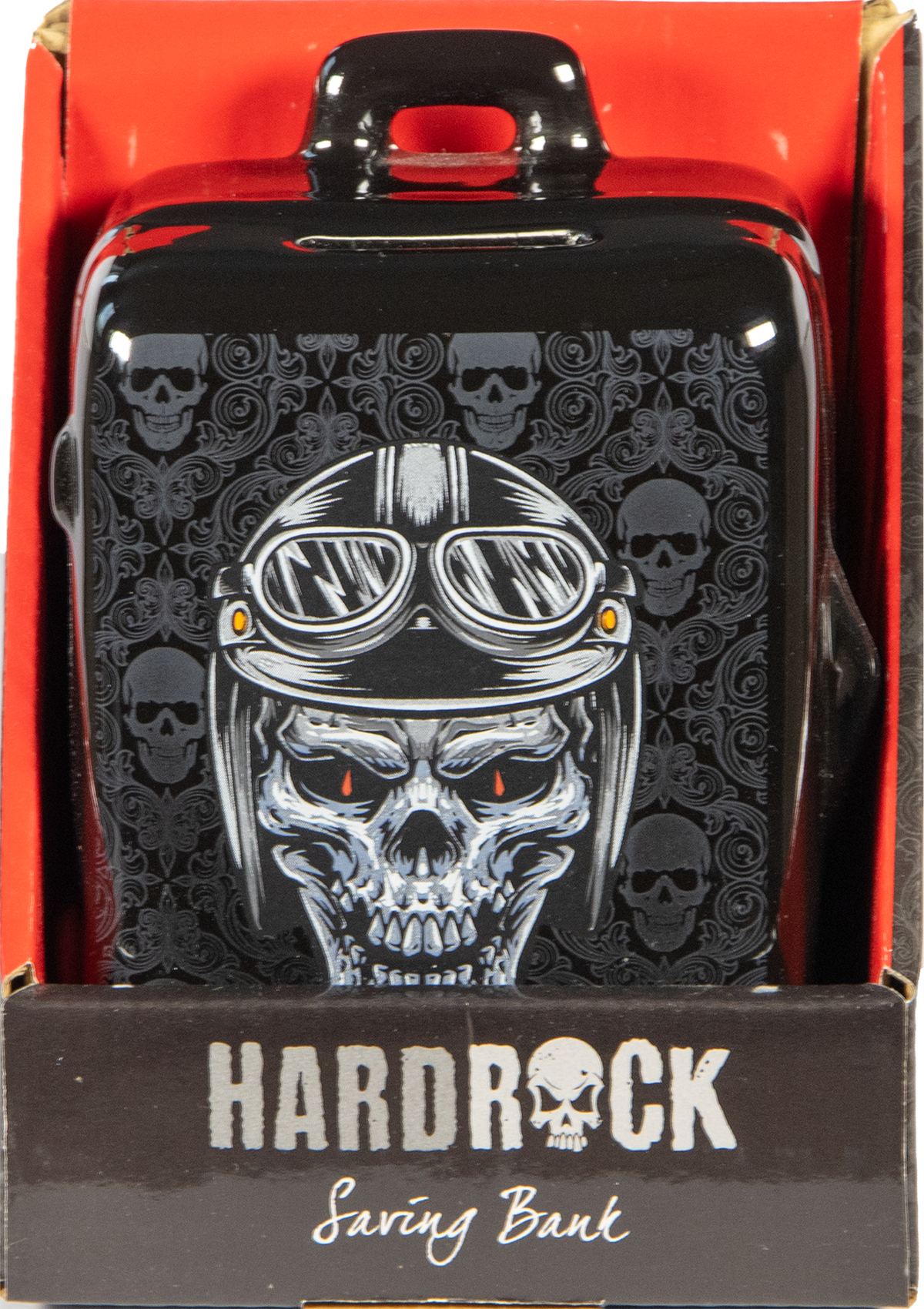 Keramik Spardose mit Münzschlitz – HardRock, Motiv „Helm mit Brille“