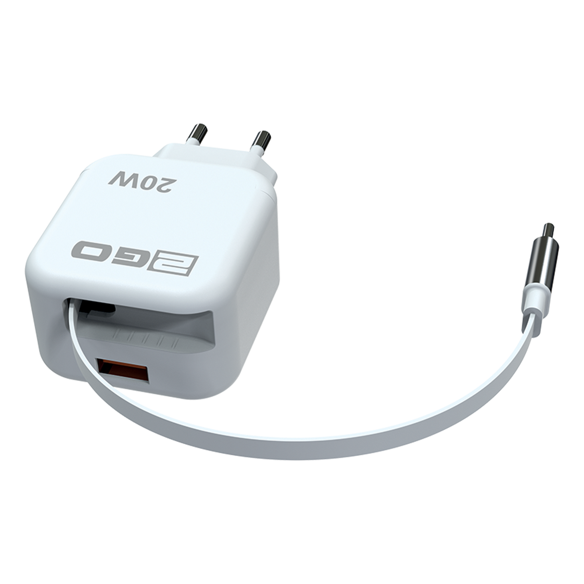 Schnell-Ladegerät 100V-240V - mit Aufrollautomatik - USB Type-C - 3000mA / 20W - weiß
