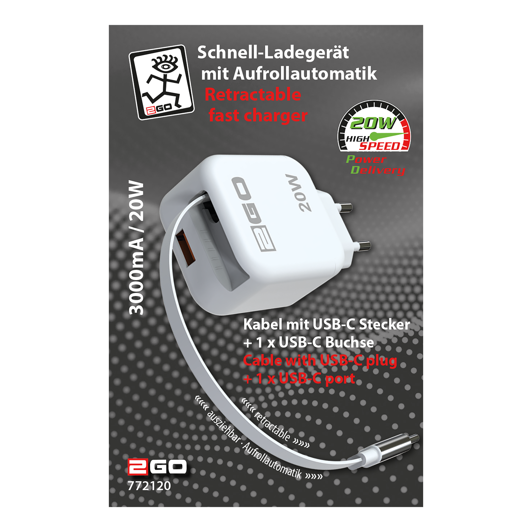 Schnell-Ladegerät 100V-240V - mit Aufrollautomatik - USB Type-C - 3000mA / 20W - weiß