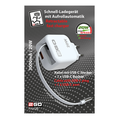 Schnell-Ladegerät 100V-240V - mit Aufrollautomatik - USB Type-C - 3000mA / 20W - weiß