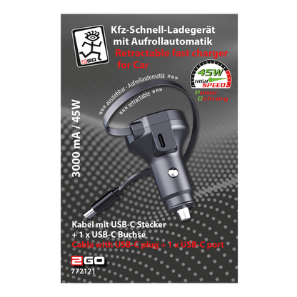Kfz-Schnell-Ladegerät 12V / 24V - mit Aufrollautomatik - USB Type-C - 3000mA / 45W - anthrazit