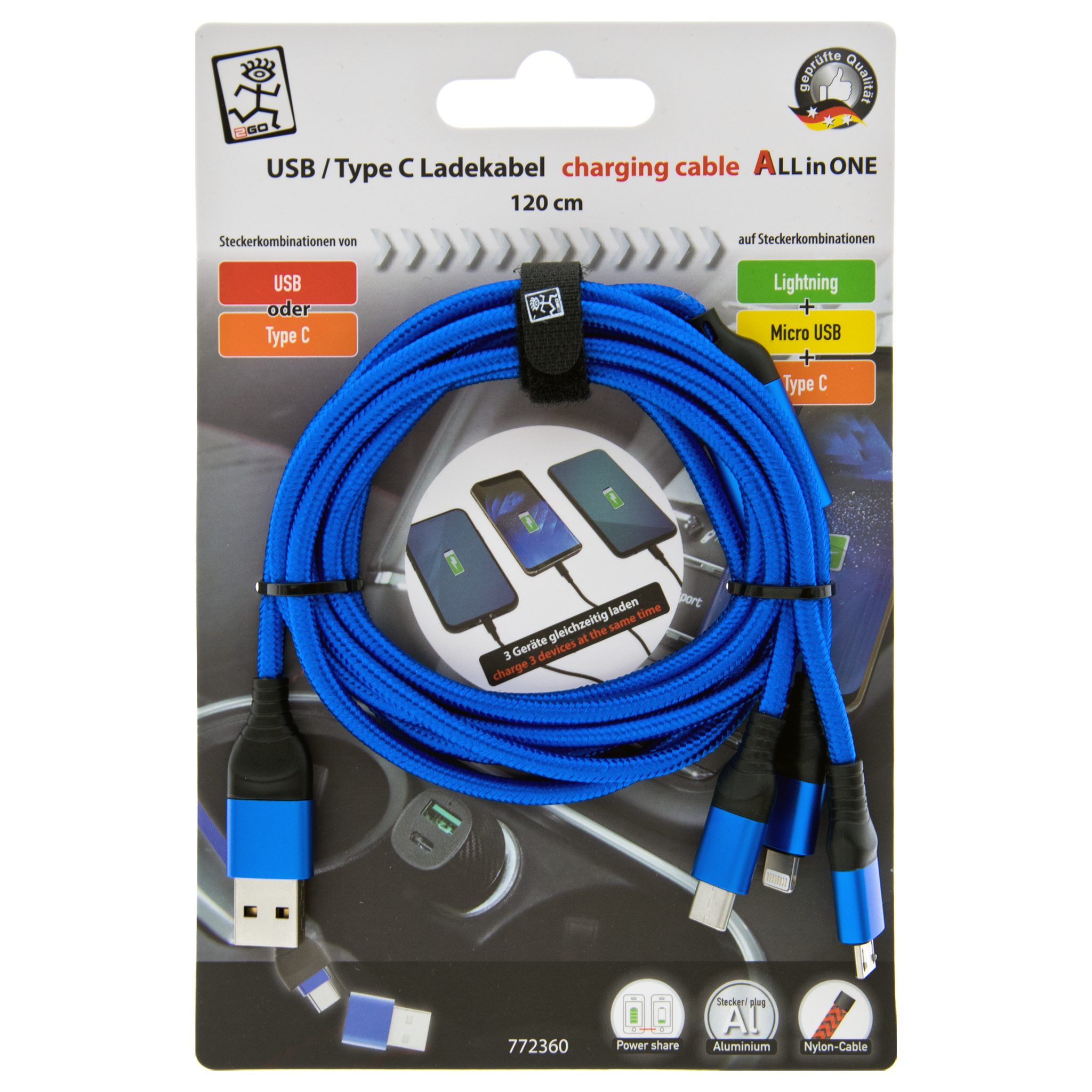 All in One USB Ladekabel - USB A / USB Type-C auf Micro-USB / 8-Pin (Lightning) / USB Type-C - 120 cm - diverse Farben (auf Kartonkarte)