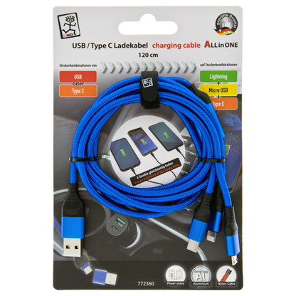 All in One USB Ladekabel - USB A / USB Type-C auf Micro-USB / 8-Pin (Lightning) / USB Type-C - 120 cm - diverse Farben (auf Kartonkarte)