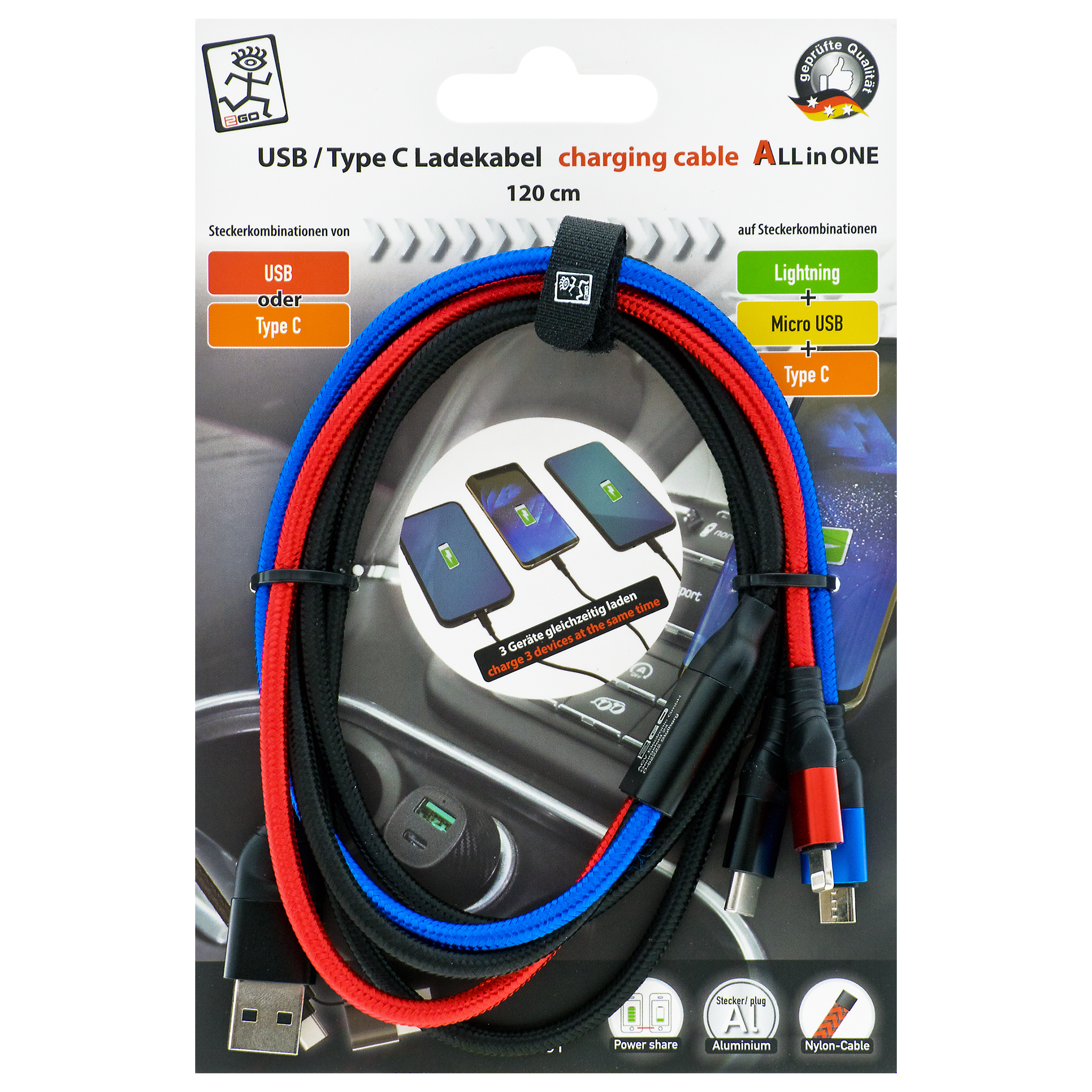 All in One USB Ladekabel - USB A / USB Type-C auf Micro-USB / 8-Pin (Lightning) / USB Type-C - 120 cm - diverse Farben (auf Kartonkarte)