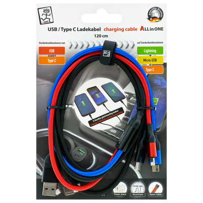 All in One USB Ladekabel - USB A / USB Type-C auf Micro-USB / 8-Pin (Lightning) / USB Type-C - 120 cm - diverse Farben (auf Kartonkarte)