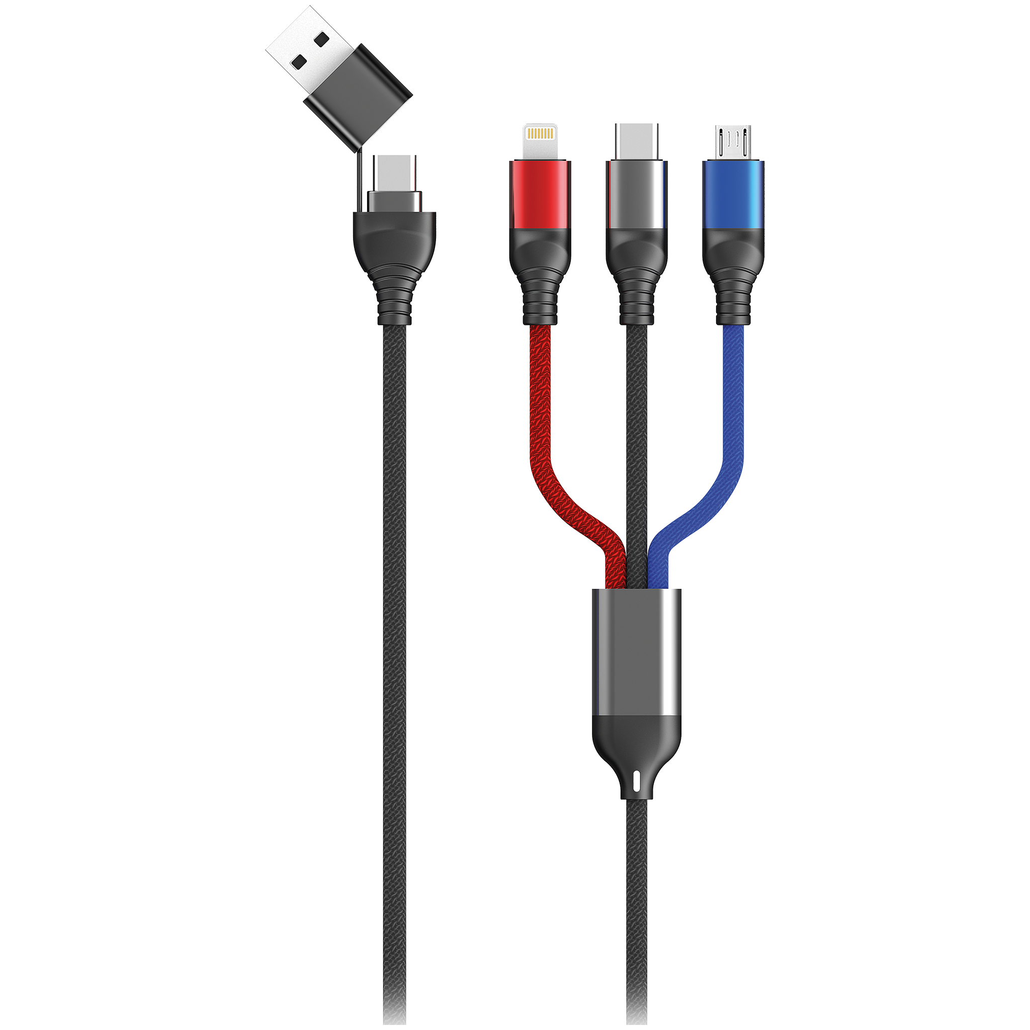 All in One USB Ladekabel - USB A / USB Type-C auf Micro-USB / 8-Pin (Lightning) / USB Type-C - 120 cm - diverse Farben (auf Kartonkarte)