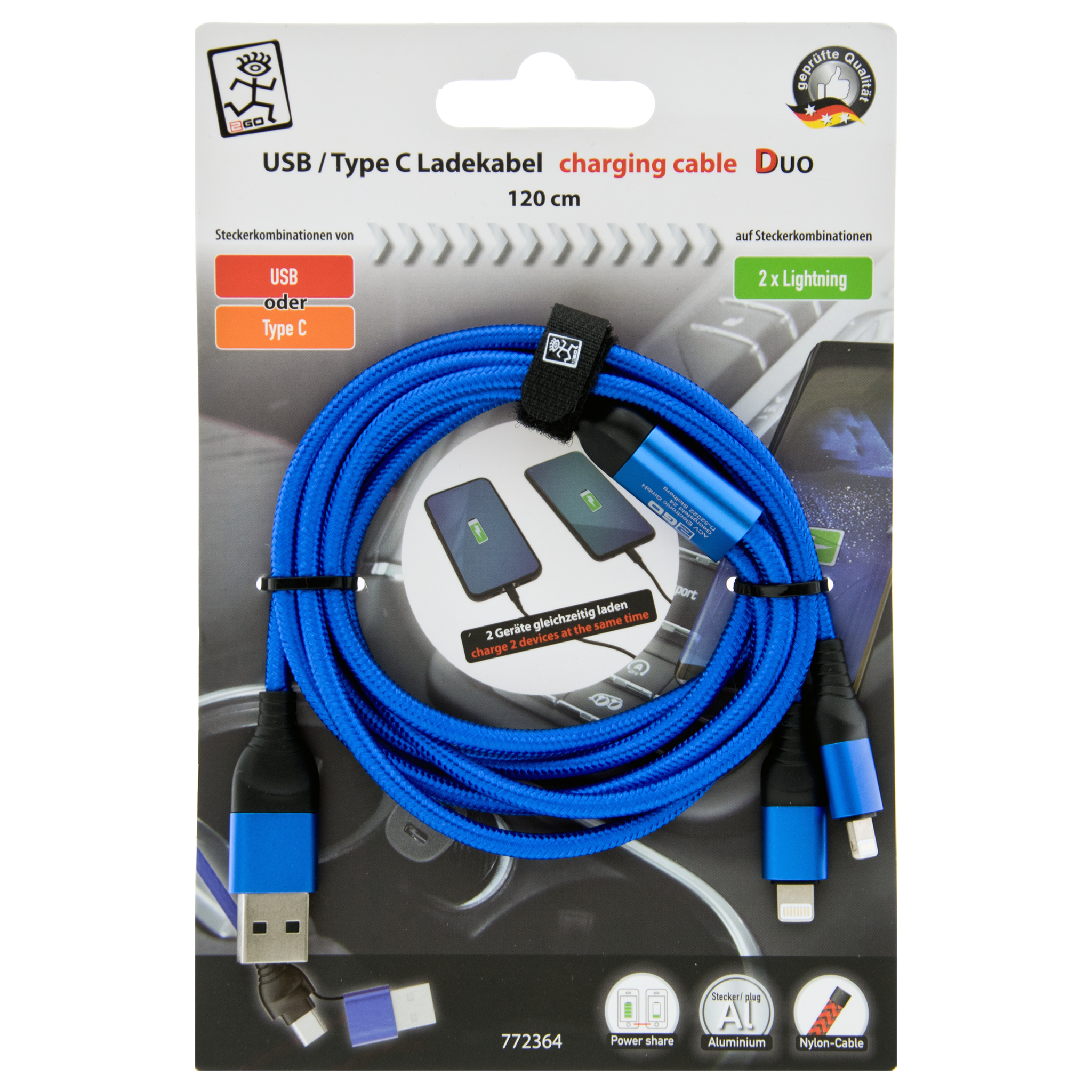 USB Ladekabel DUO - USB A oder USB Type-C auf 2 x Lightning - 120 cm - blau - Verpackung